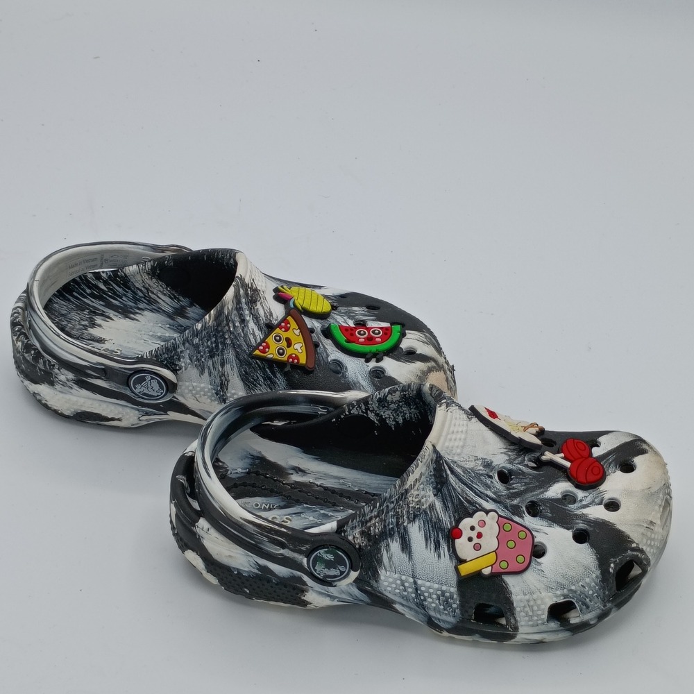 Crocs Kids Classic Clog Marble Black White Size C10 Food Jibbitz Charms